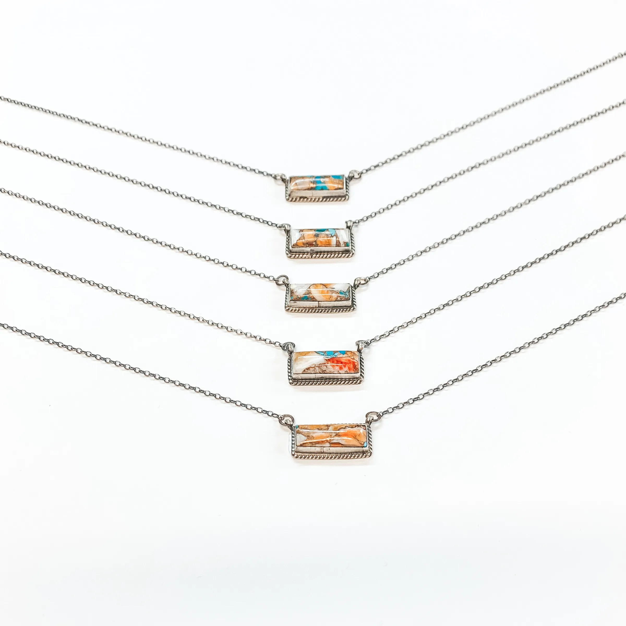 Various Artists | Navajo Handmade Sterling Silver Chain Necklace with Remix Spiny Turquoise Stone and Rope Detailing Bar