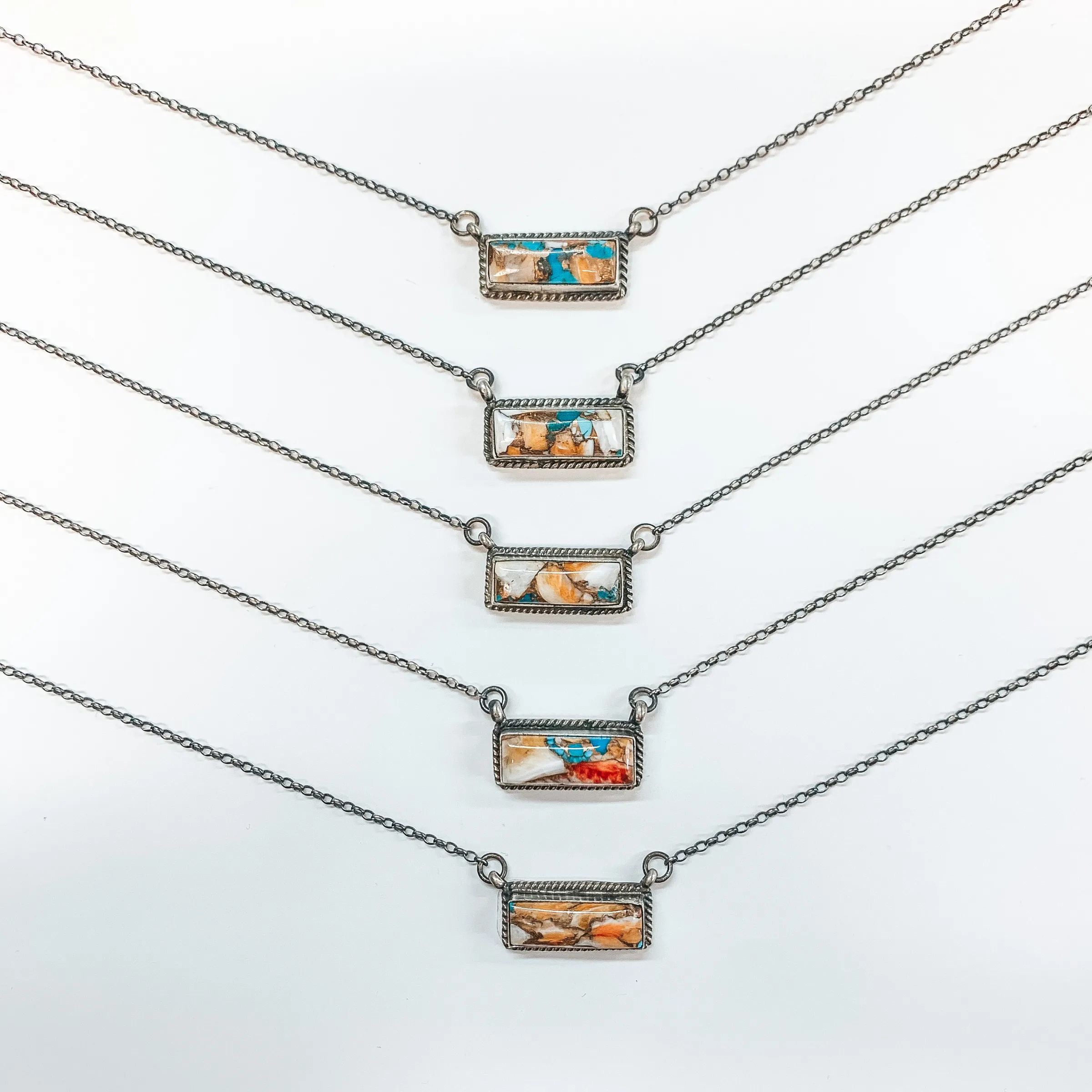 Various Artists | Navajo Handmade Sterling Silver Chain Necklace with Remix Spiny Turquoise Stone and Rope Detailing Bar