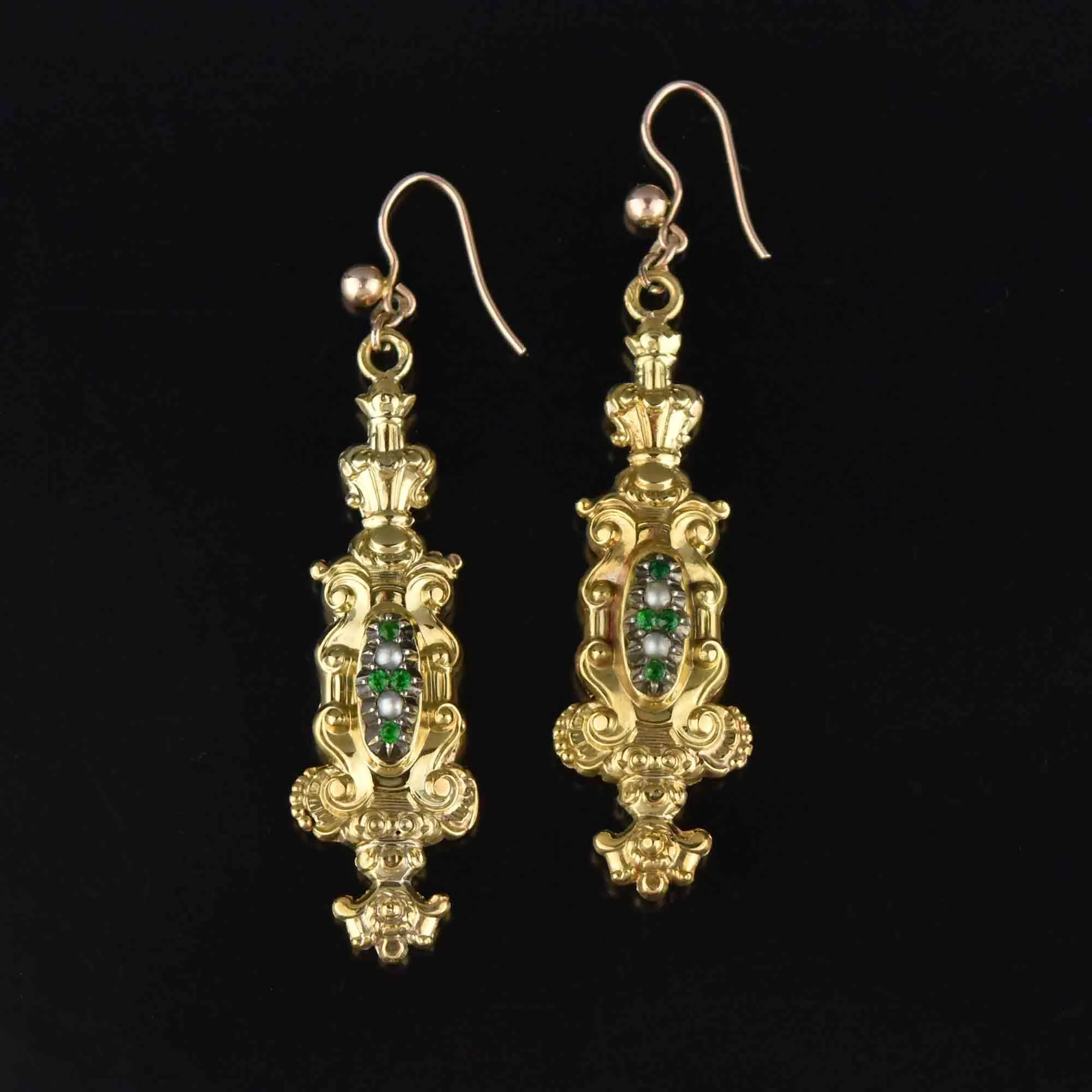 Victorian 18K Gold Emerald Paste Pearl Earrings, Regency Style