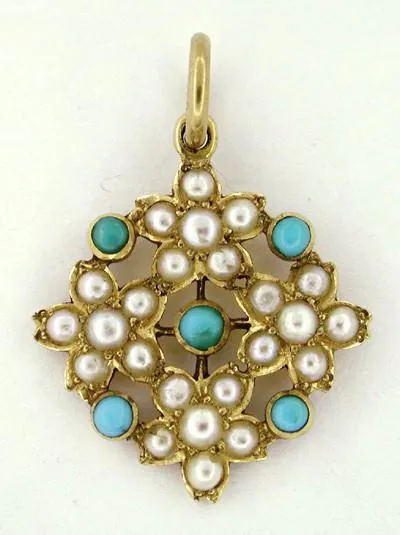 Victorian Turquoise and Pearl Floral Antique Pendant in 18 Karat Gold