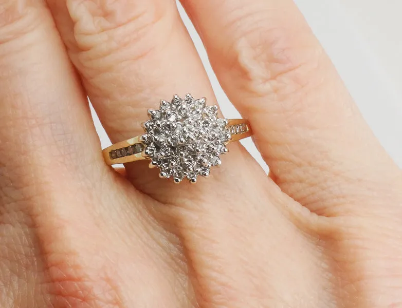 Vintage 10k Two Tone Gold Natural Diamond Round Cluster Ring, Engagement Ring, Size 6.75