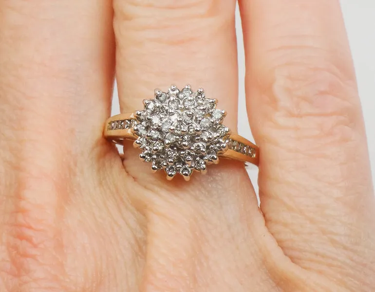 Vintage 10k Two Tone Gold Natural Diamond Round Cluster Ring, Engagement Ring, Size 6.75