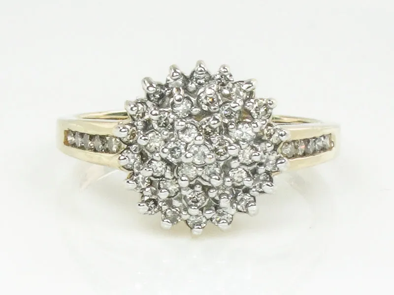 Vintage 10k Two Tone Gold Natural Diamond Round Cluster Ring, Engagement Ring, Size 6.75