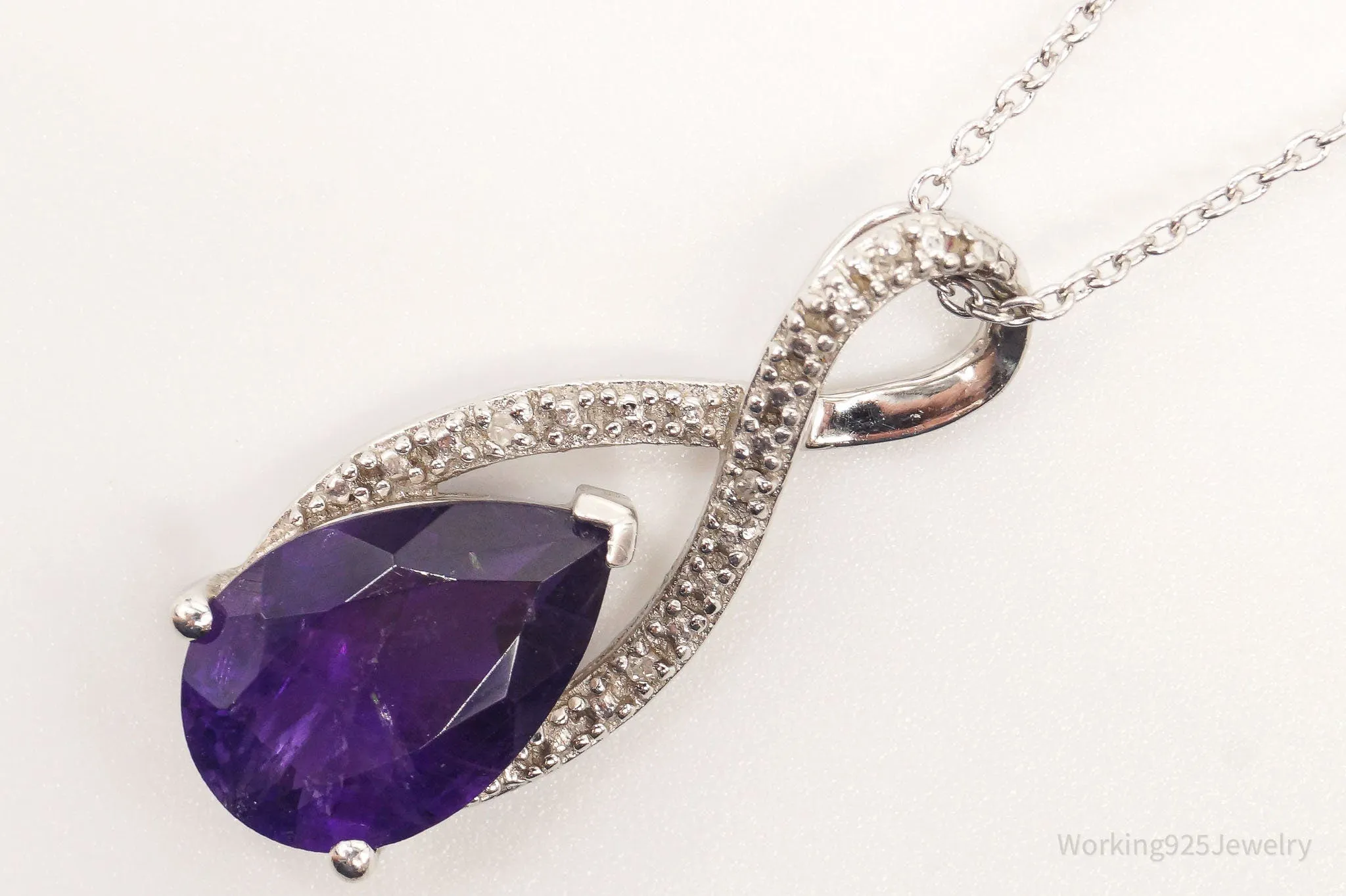 Vintage Designer Amethyst 4 Diamond Sterling Silver Necklace