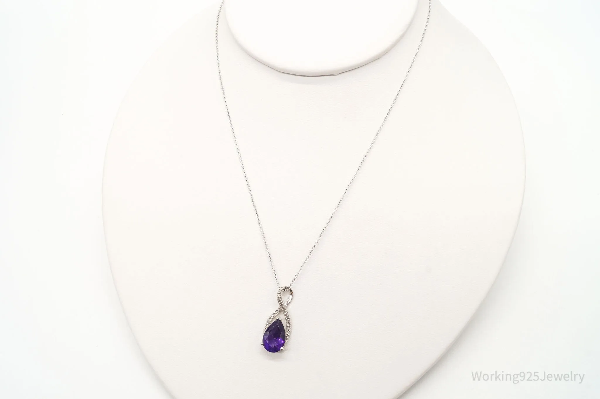 Vintage Designer Amethyst 4 Diamond Sterling Silver Necklace