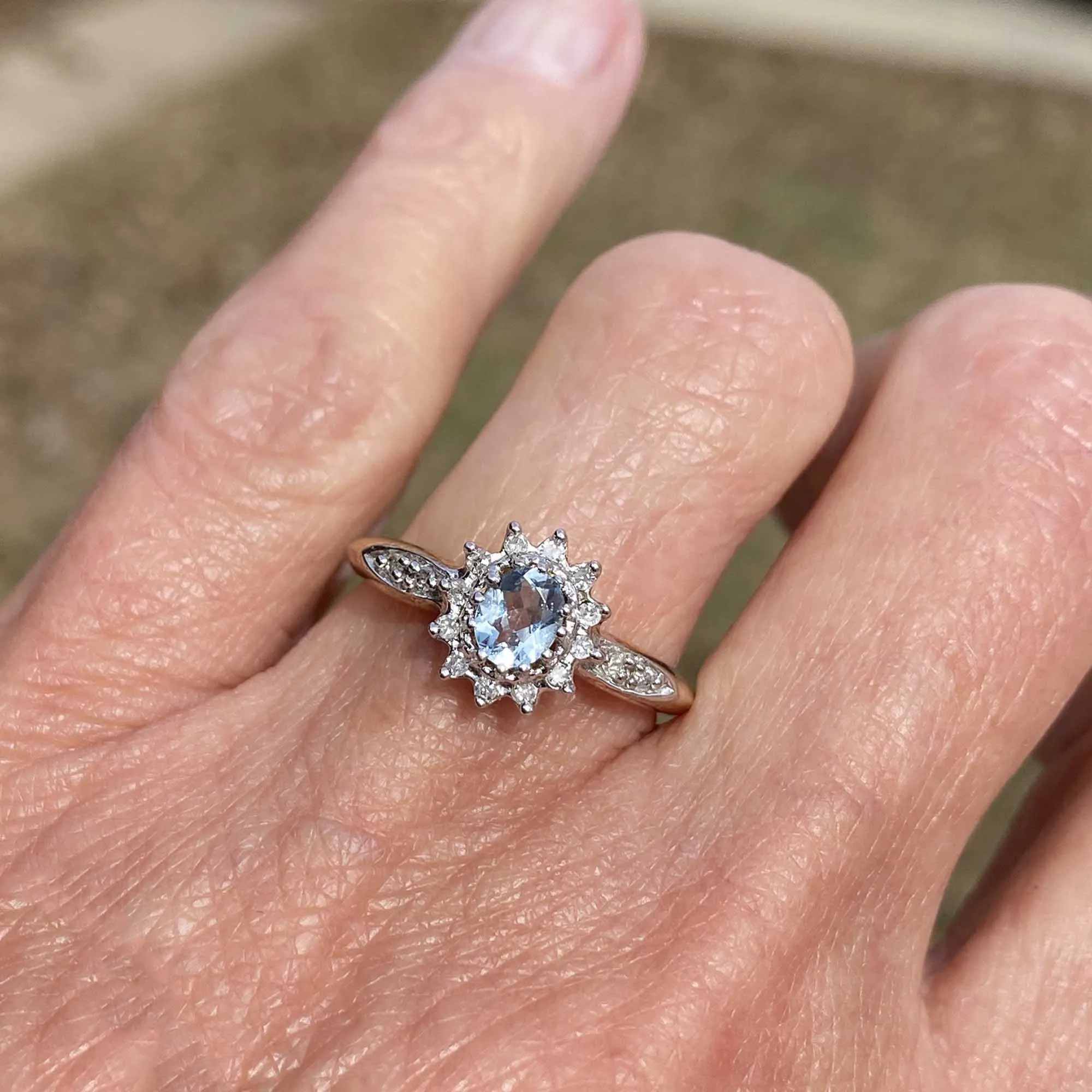 Vintage Diamond Halo Aquamarine Engagement Ring