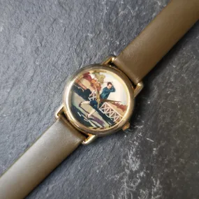 Vintage Faded Gold Plated Women's Quartz Watch // Genuine Leather Navy Strap // Unique Golf Design Dial