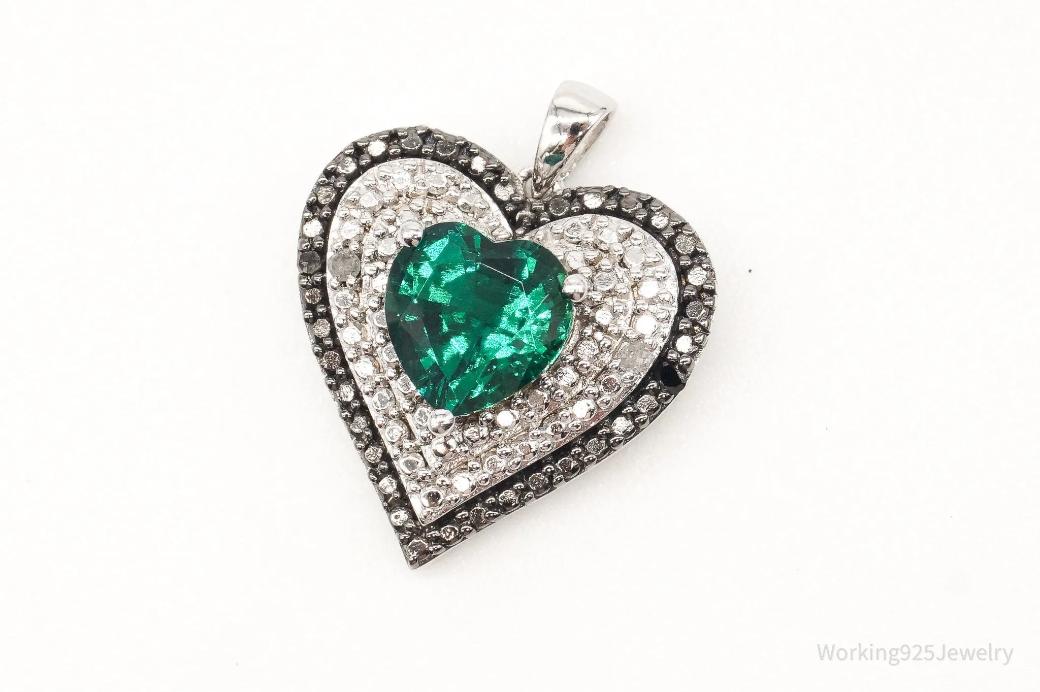 Vintage Green Topaz 2 White & 2 Black Diamond Heart Sterling Silver Pendant