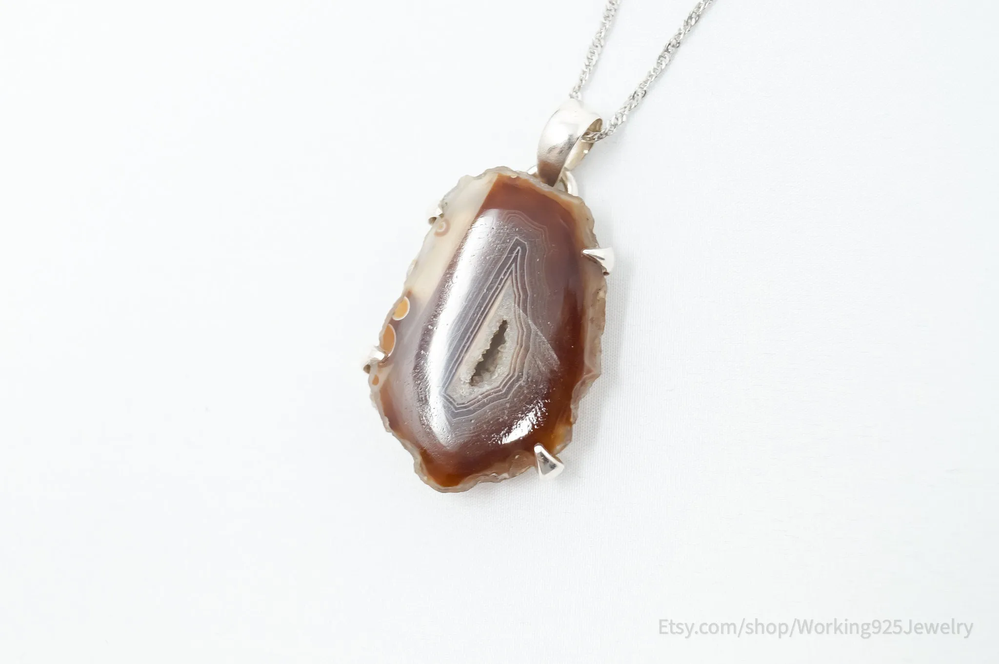 Vintage Large Brown Crazy Lace Agate Sterling Silver Necklace