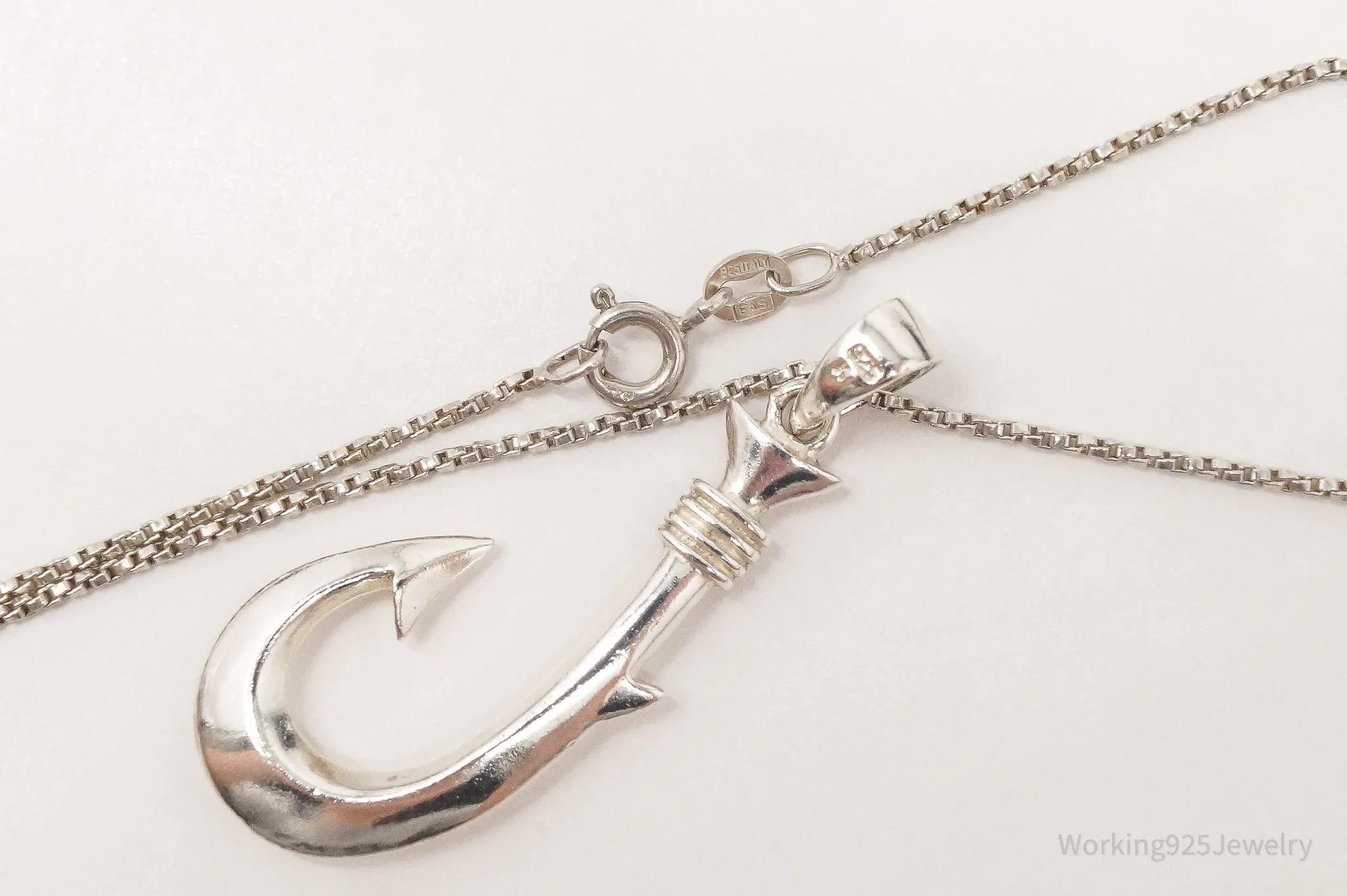 Vintage Large Hawaiian Fish Hook Sterling Silver Necklace 20"