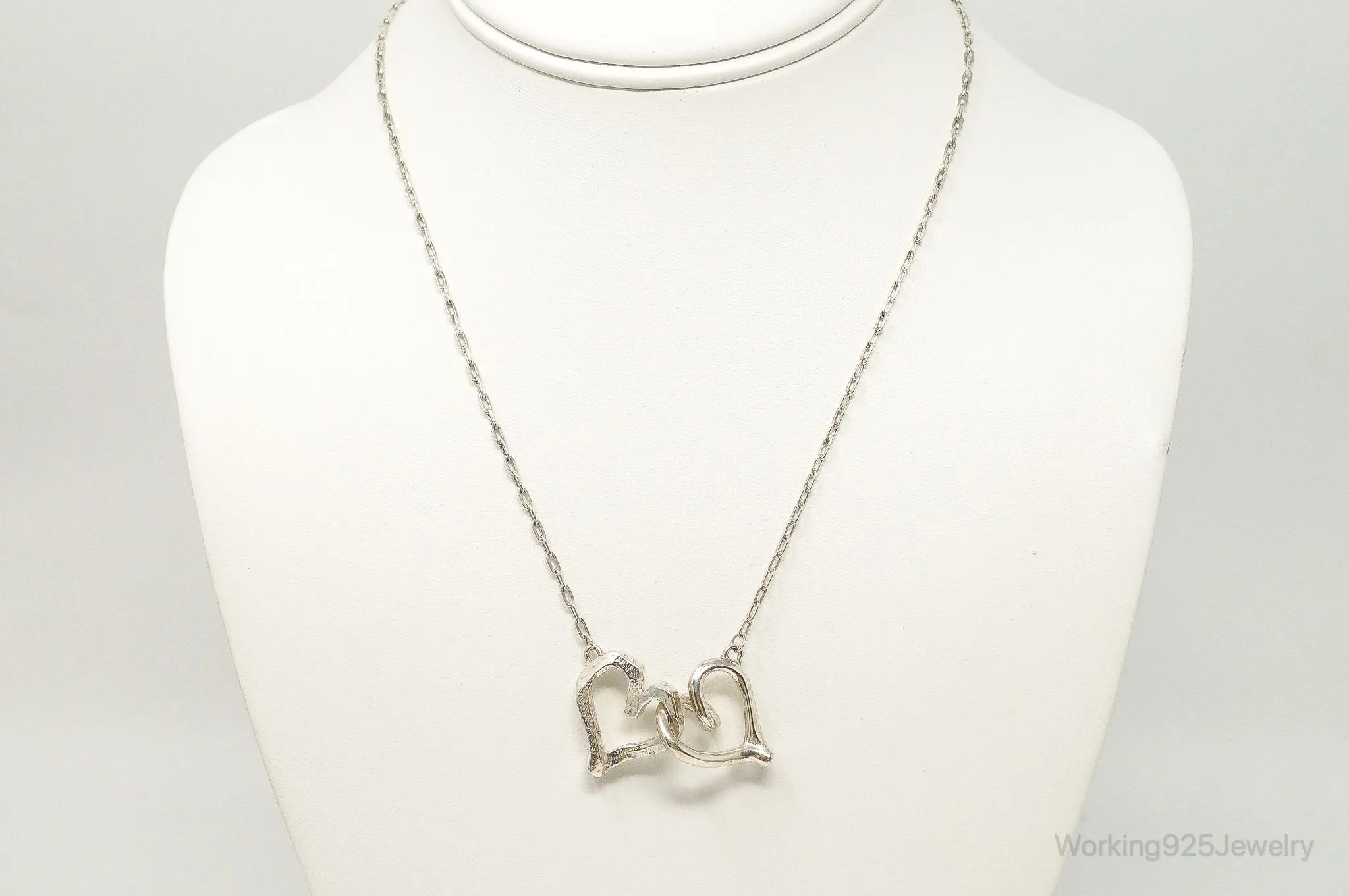 Vintage Open Linked Hearts Lovers Sterling Silver Necklace