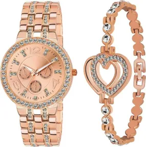 Women Copper Analog Watch With Diamond Bracelet Combo For Girls Watch