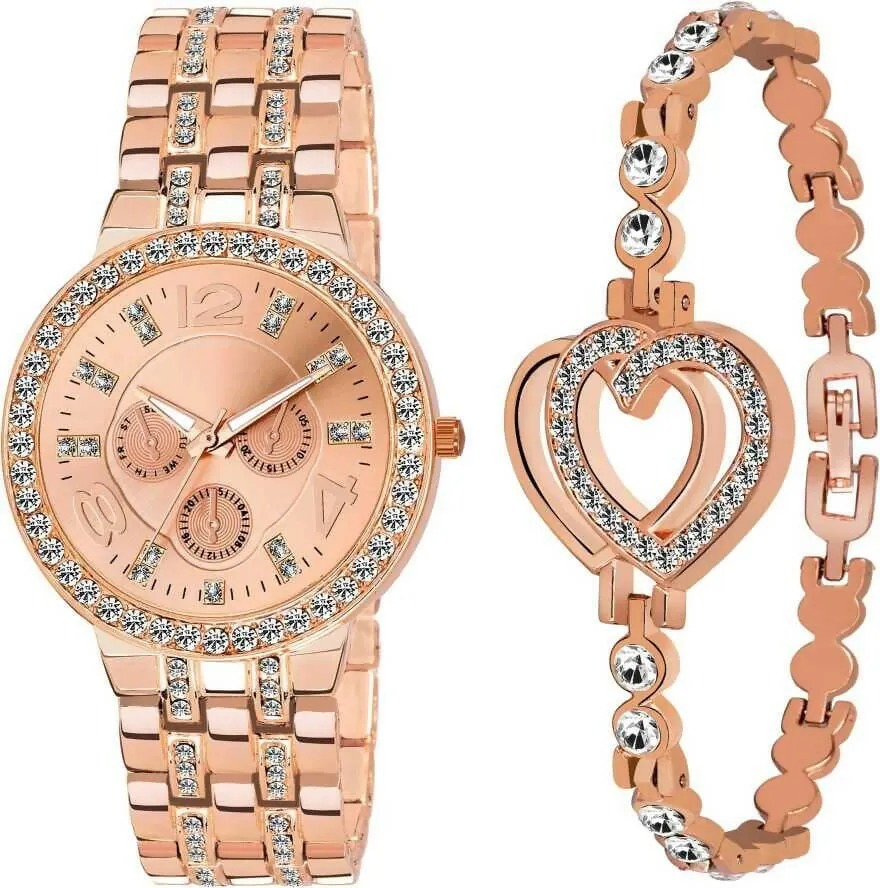 Women Copper Analog Watch With Diamond Bracelet Combo For Girls Watch