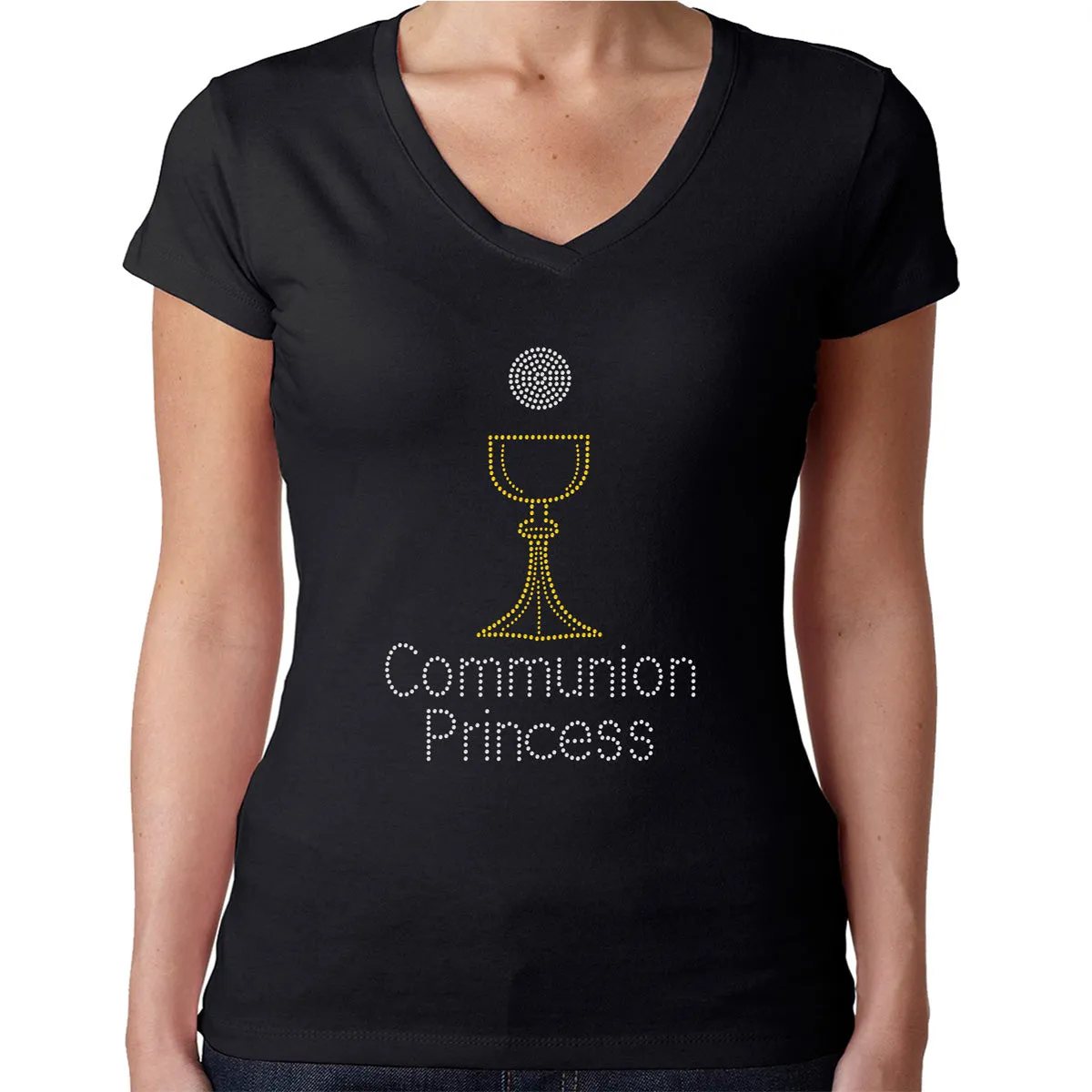 Womens T-Shirt Rhinestone Bling Black Fitted Tee Communion Princess Sparkle