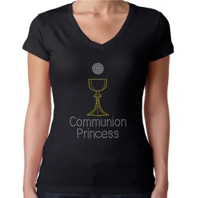Womens T-Shirt Rhinestone Bling Black Fitted Tee Communion Princess Sparkle